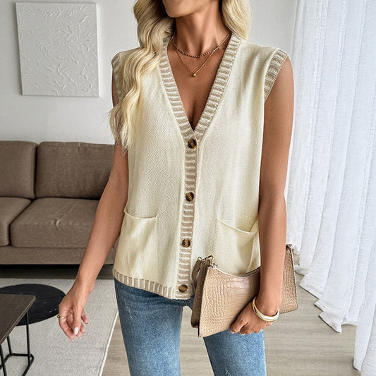 Celeste Contrast Knit Sleeveless Cardigan Vest