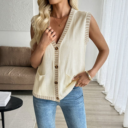 Celeste Contrast Knit Sleeveless Cardigan Vest